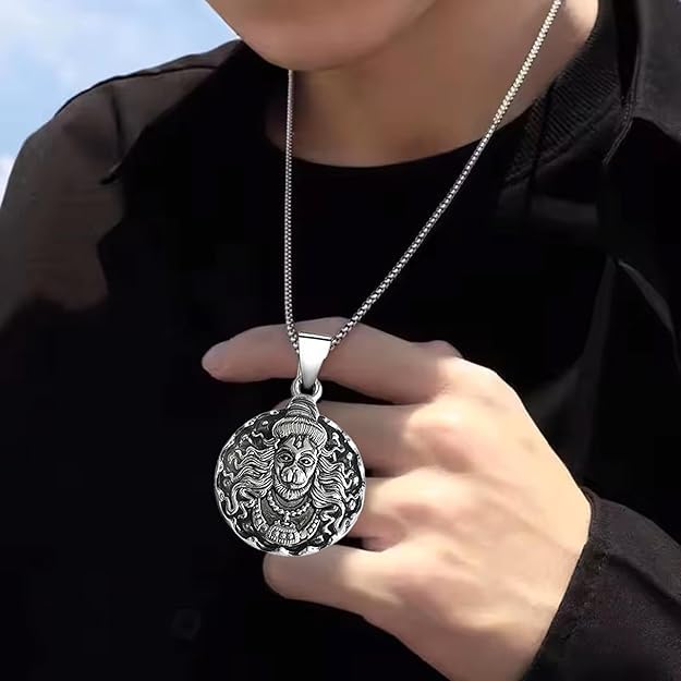 Bajrangbali Hanuman idol Monkey God of Devotion Locket Silver Zinc and Metal Pendant Necklace Chain For Men 22"