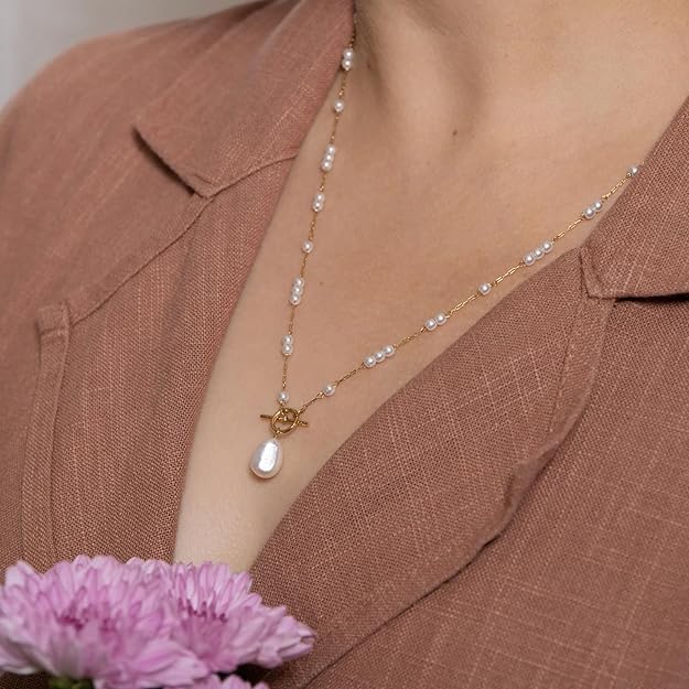 White Pearl and Stainless Steel Anti Tarnish Necklace For Women