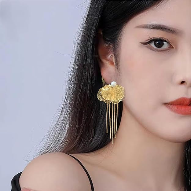 Pearl Drop Dangle Earrings, Gold-Plated Shell Design with Tassel, Statement Fashion Jewellery