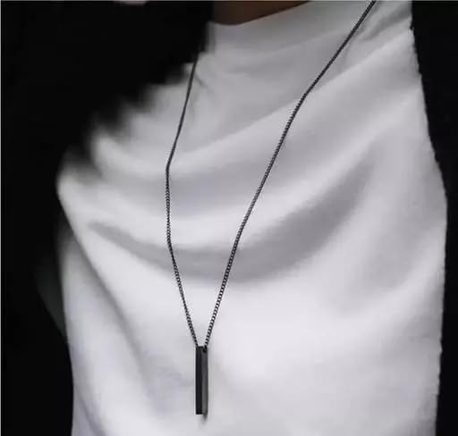 Fancy Black 3D Cuboid Vertical Bar Stick Locket Pendant 24 inches Chain Stainless Steel Pendant Set Boys Mens