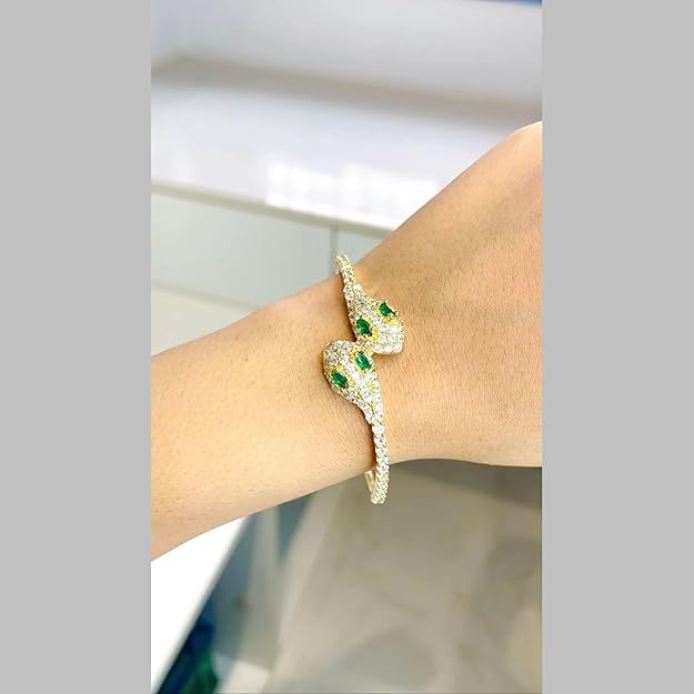 Green Emerald Snake 18K Gold Cubic Zirconia Cuff Kada Bangle
