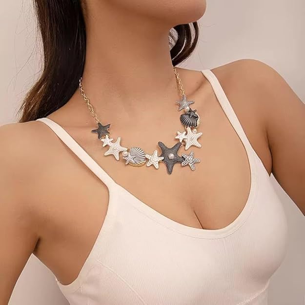 Luxury Women Sea Shell Gold Plated Chains Necklace Set with Earring Summer Beach Starfish Statement Necklace