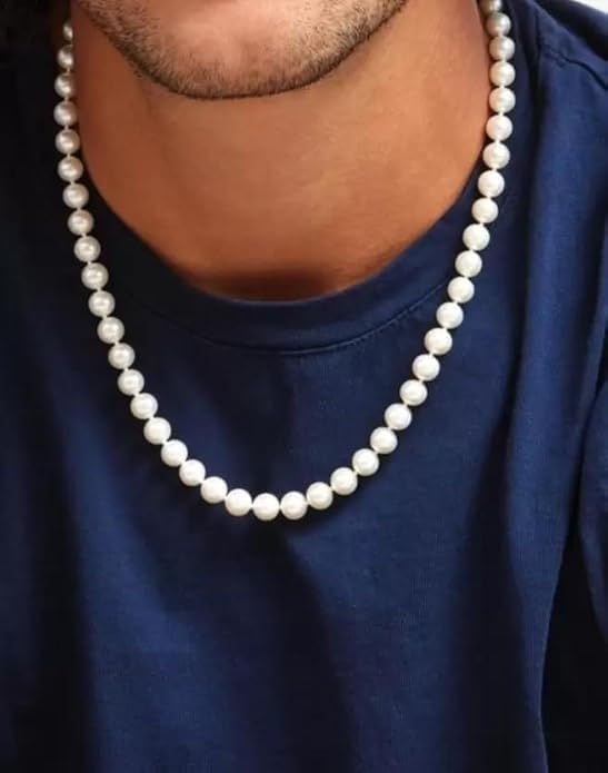 Round Pearl Mala Necklace 8mm Pearl Necklace for Men or Women, Pearl Choker Necklace Fashion Jewellery for Men and Women White