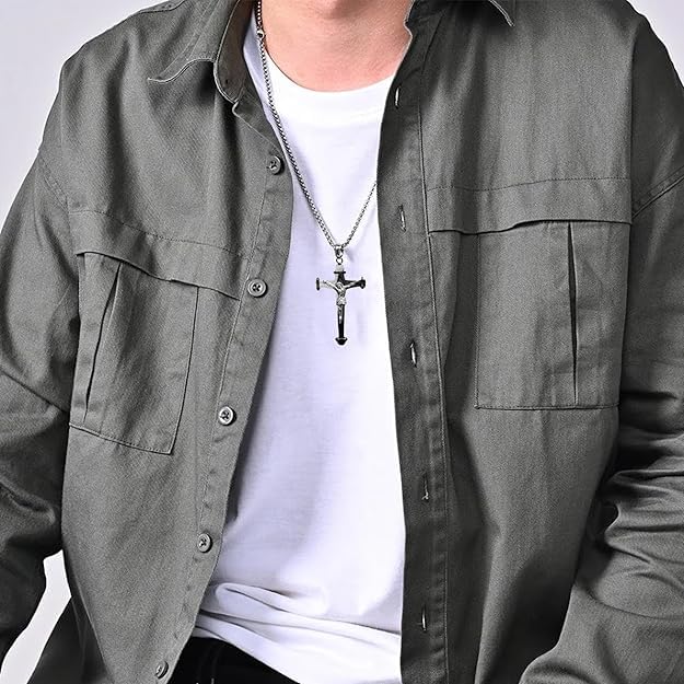 Lord's Prayer Cross Necklace Stainless Steel Curb Chain Christ Designer Delicate Pandant for Men & Boys 22"