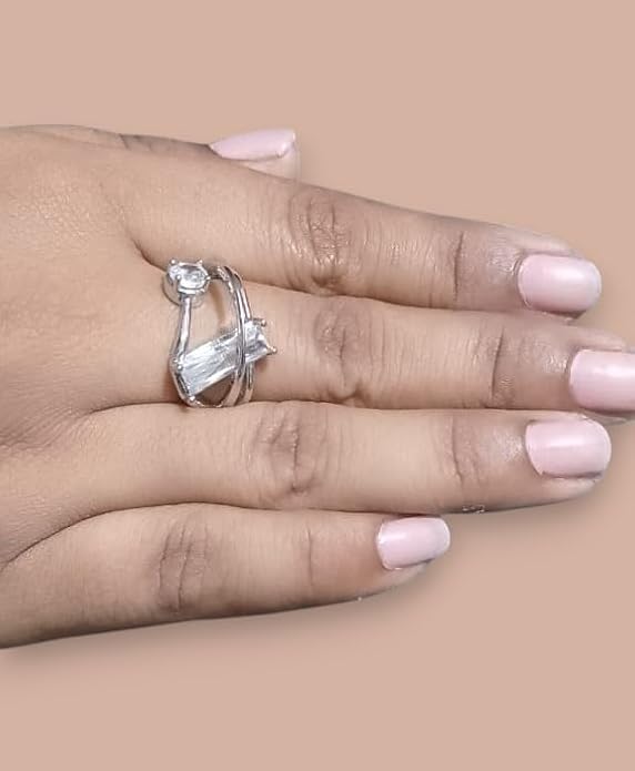 Adjustable SilveRing with White Crystal and Clear Stone, Modern Design Blue and White for Women