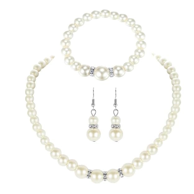 White Pearls with Crystal Choker Necklace, Earrings and Bracelet Jewelry Set for Women & Girls