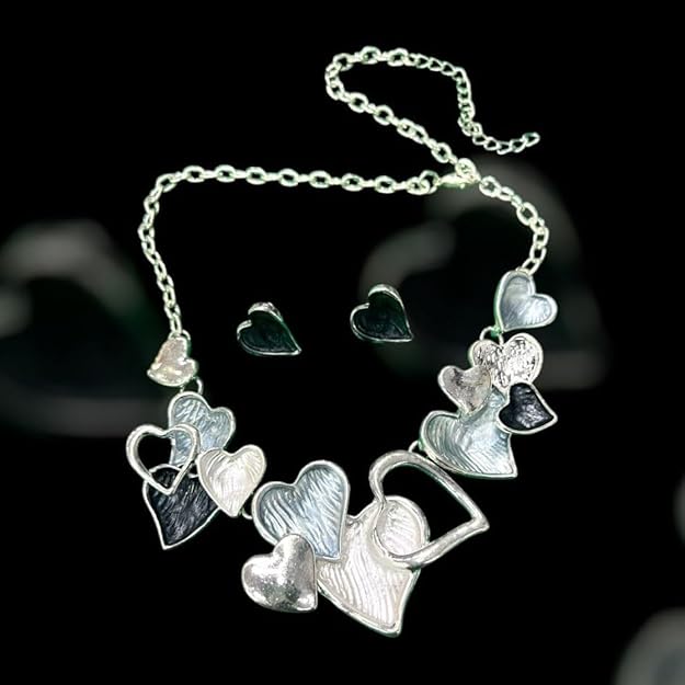 Heart Statement Necklace and Earrings Set, Grey and Black, Multi-Heart Design, Fashion Jewellery For Woman & Girls