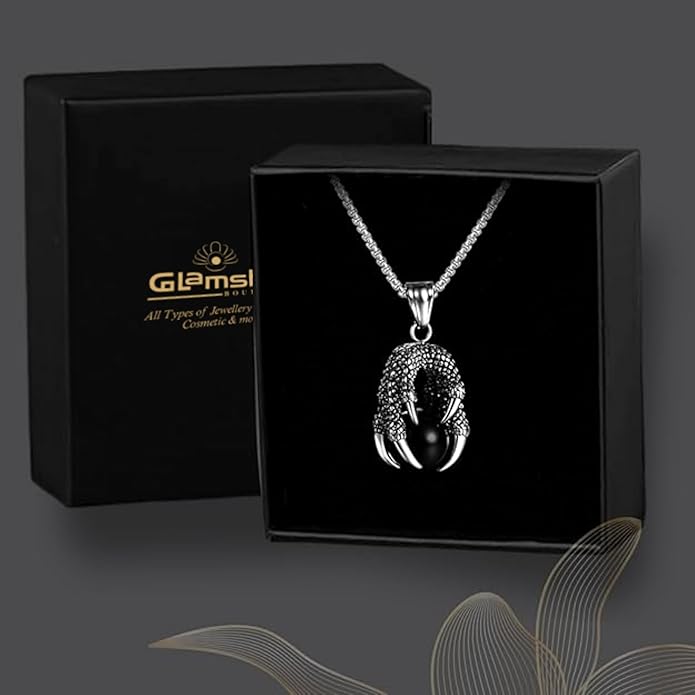 Stainless Steel Chain Dragon Claw Pendant Necklace Silver Black Glass Bead Pendant Retro Style Jewellery Accessories 22" Black