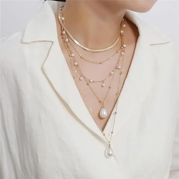 Layered Pearl Drop Choker Necklace Gold Plated Chain, Multi Strand Design Gothic Baroque Pearl Tassel Multilayered Wedding Necklace for Women