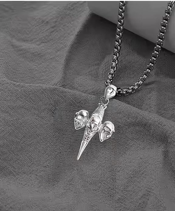Gothic Triple Skull Pendant with Chain Stainless Steel Box Chain Cross Detail for Men Size 24