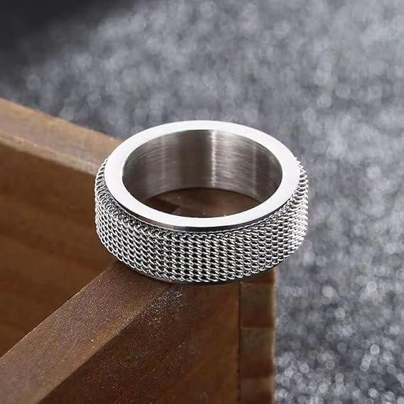 Spinner Ring for Men and Woman, Silver Steel Black Titanium Steel Ring Personalized Woven Mesh, (8mm width) Size 17-20