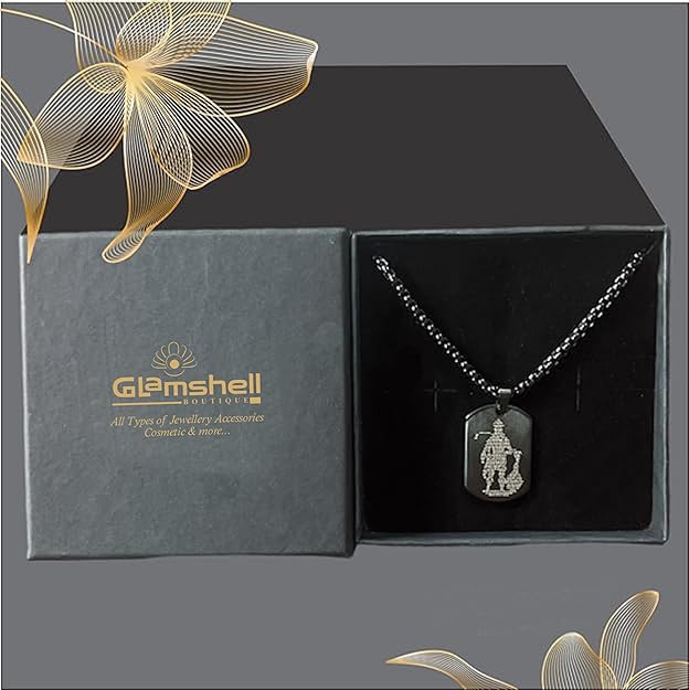 Dog Tag Stainless Steel Necklace Hanuman Chalisa and Gada Micro-carved Locket & Pendant Men & Guys in Black 22"”
