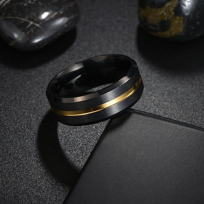 8mm Gold Groove Beveled Edge Black Tungsten Wedding Ring For Men Black Polished Steel Engagement Ring Mens Wedding Bands Size 17-21