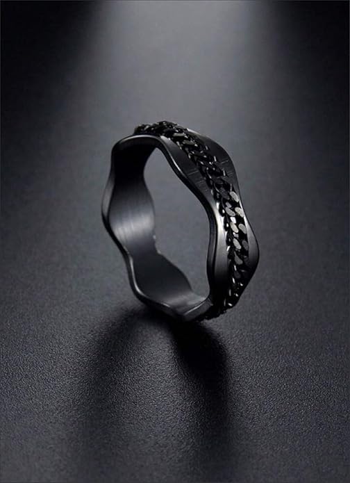 Black Stainless Steel Chain Link Ring, Wavy Design, Unisex Fashion Band Finger Ring for Men Size 17-20