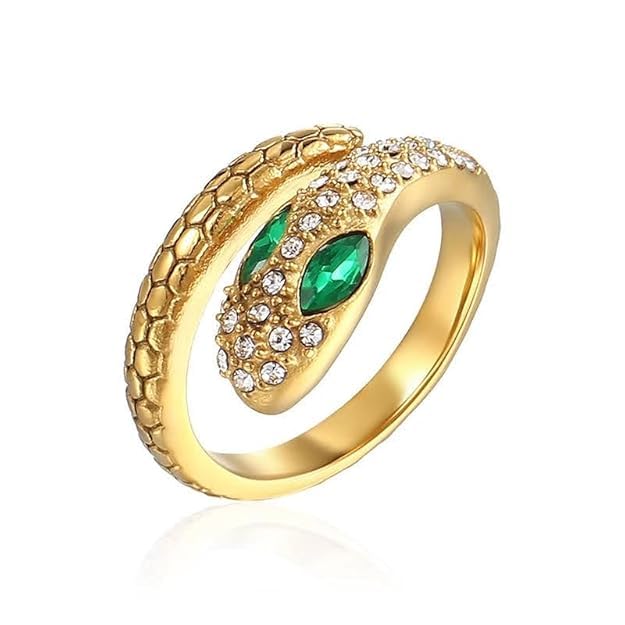 Fashion Jewelry Adjustable Green Eye Snake Head Shape Zircon Pave 18K Gold Plate Stainless Steel Gold Snake Ring for Women