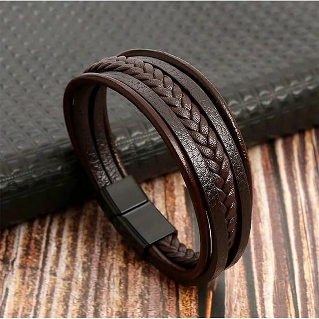 Genuine Brown Leather Braided Wrap Bracelet with Double Magnetic Clasp for Men & Boys