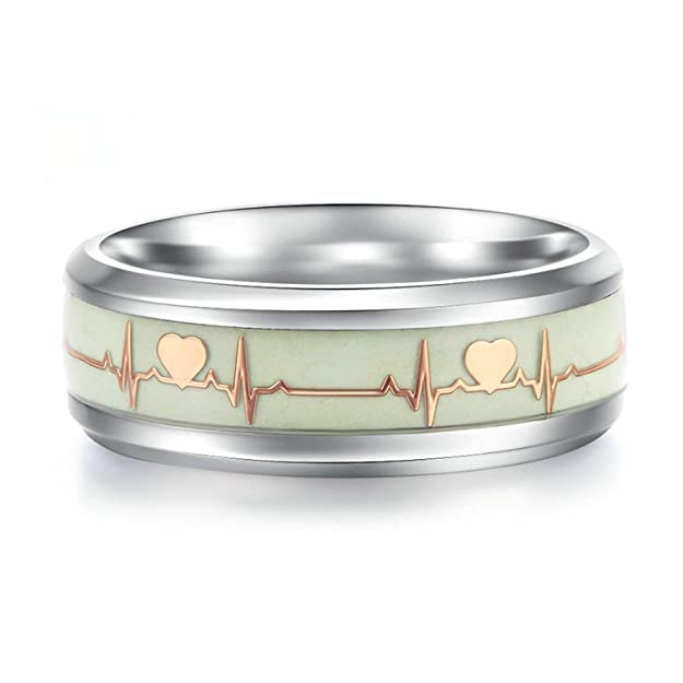 Glow in The Dark 8MM Silver ECG Heartbeat Ring, Luminous Glow Stainless Steel Ring For Men Boys Women Girls Size 17-20
