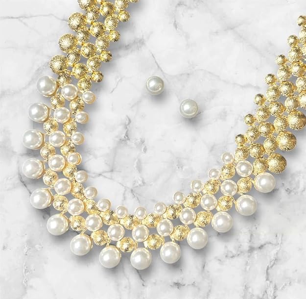 Pearl and Gold Tone Beaded Statement Necklace Set with Stud Earrings, Double Layer Chain Design Necklace Set for Women/Girls