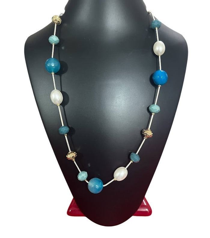 Pearl and Amber Beaded Necklace, Long Length, Blue-Tone Accents, Pink Cord For Women Size 19" Long