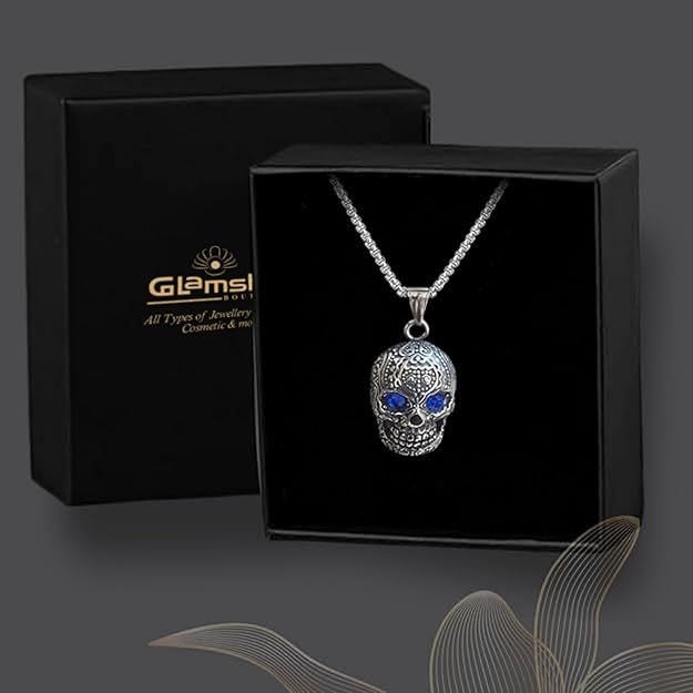 Pendant Necklace With Blue Eye Cubic Zirconia Hip Hop Necklace | Punk Skull Gothic Jewellery Gift, Stainless Steel chain 22"