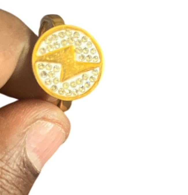 Crystal-Embellished Gold Ring with Yellow Enamel Design, Round Face Jewellery Gifts for Women Girls Men, Size 17-20