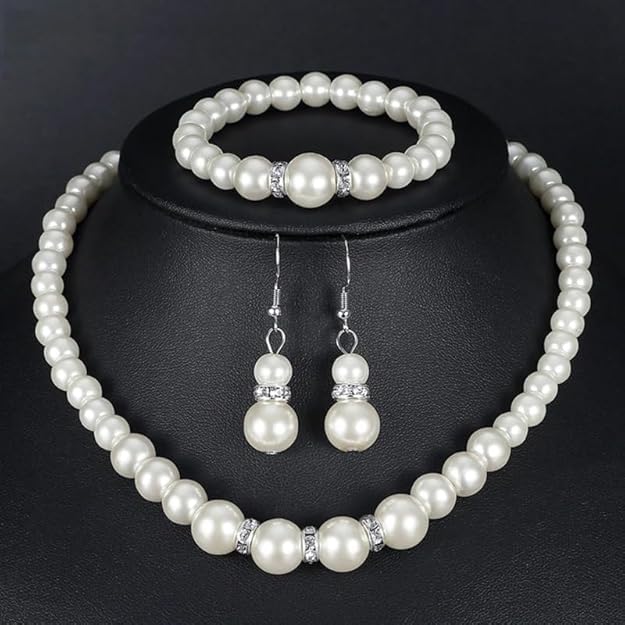 White Pearls with Crystal Choker Necklace, Earrings and Bracelet Jewelry Set for Women & Girls