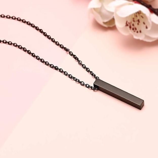 Fancy Black 3D Cuboid Vertical Bar Stick Locket Pendant 24 inches Chain Stainless Steel Pendant Set Boys Mens