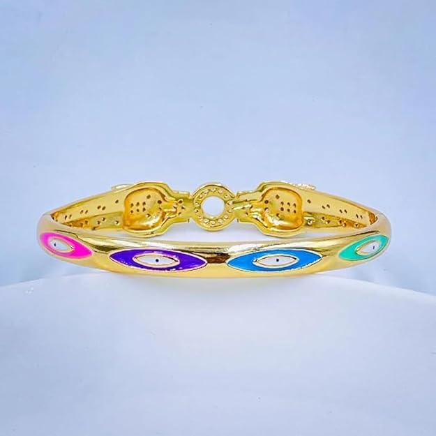 Dual Panther Evil Eye Enamel Cubic Zirconia Copper Gold Bangle Kada Women