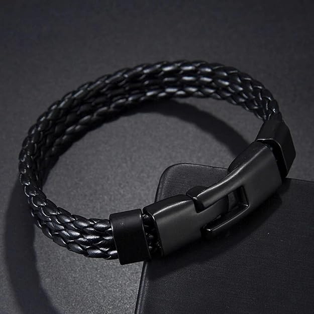 Biker Triple Layer Black Handcrafted Genuine Leather Wrist Band Wrap Bracelet For&nbsp;Men &amp; Boys Black