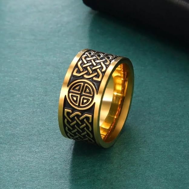 Stainless Steel Celtic Knot Ring Gold Plated Band, Traditional Irish Design Western Band Ring for Men and Boys Size 17-20
