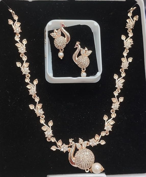 Necklace and Earrings Set, Gold-Toned Floral Design with Pearl Drops, American Diamond Studded