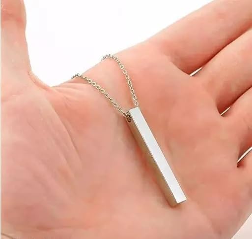 Fancy Black 3D Cuboid Vertical Bar Stick Locket Pendant 24 inches Chain Stainless Steel Pendant Set Boys Mens SIlver