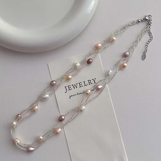 Dual Layer Elegant Natural Freshwater Pearl Necklace Pearl Jewellery Necklace for Women Ladies and Girls, Pearl, Pearl