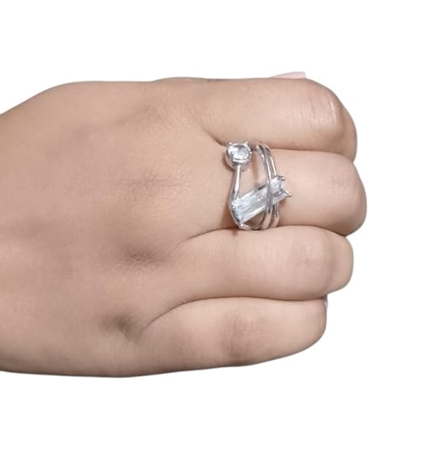 Adjustable SilveRing with White Crystal and Clear Stone, Modern Design Blue and White for Women