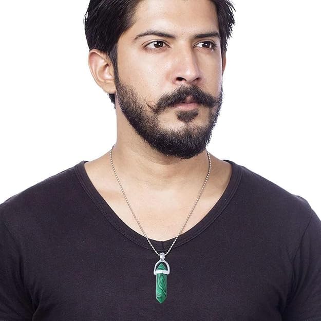 Bullet Pencil Natural Green Stripes Malachite Crystal Pendant Chain For Men and Women