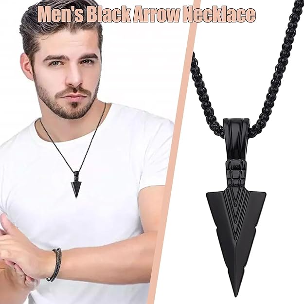 Stainless Steel Arrowhead Pendant Chain Necklace for Men Boys 22" Black Chain