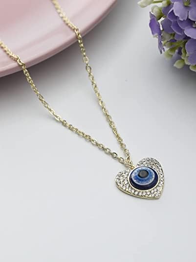Blue Stones Gold Plated Evil Eye Heart Pendant Chain For Womans & Girls