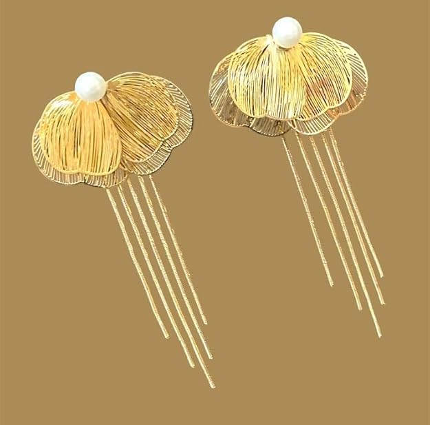 Pearl Drop Dangle Earrings, Gold-Plated Shell Design with Tassel, Statement Fashion Jewellery