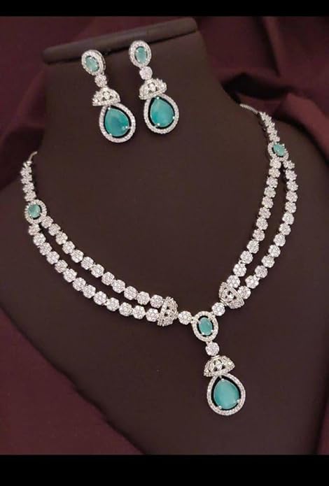 AD Necklace Set  Elegant Jewellry for Women  Crystal Pendant and Earrings Light Green