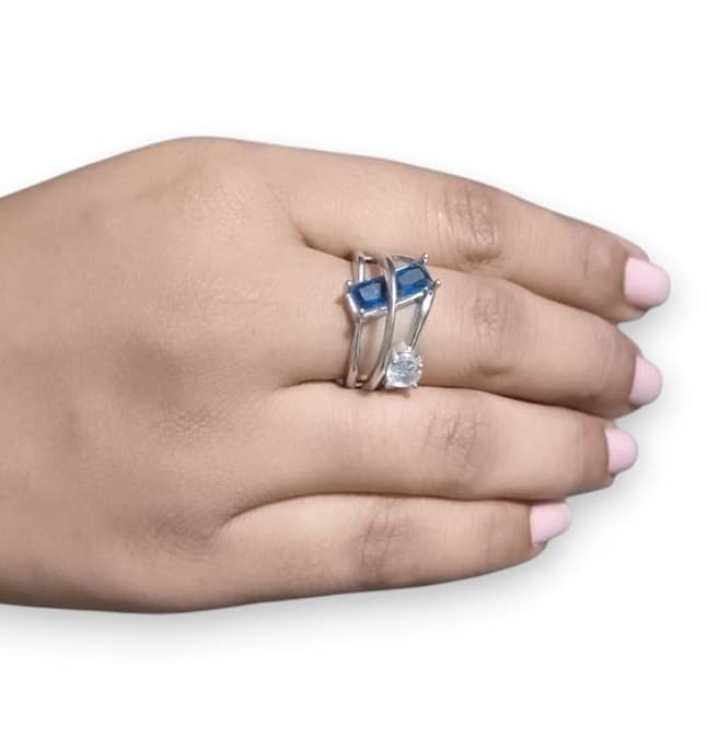 Adjustable Silver Ring with Blue Crystal and Clear Stone, Modern Design Blue and White for Women