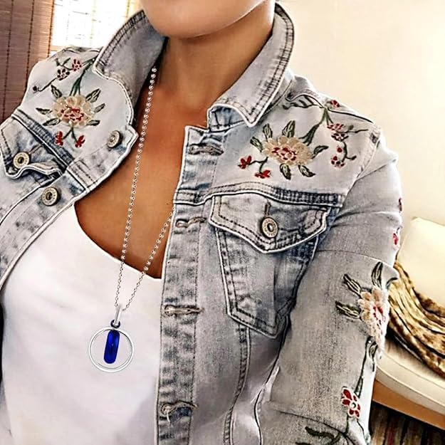 Dual Inside Ring Stainless Steel Blue Gray Pendant Chain Necklace For Men and Women 22"