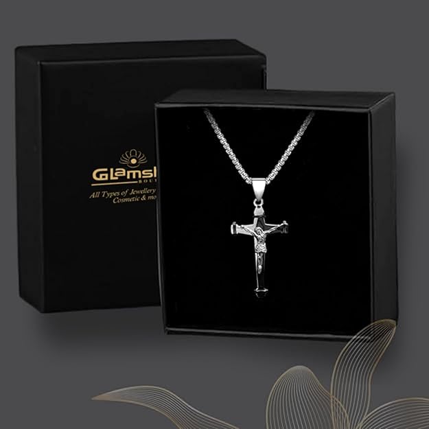 Lord's Prayer Cross Necklace Stainless Steel Curb Chain Christ Designer Delicate Pandant for Men & Boys 22"