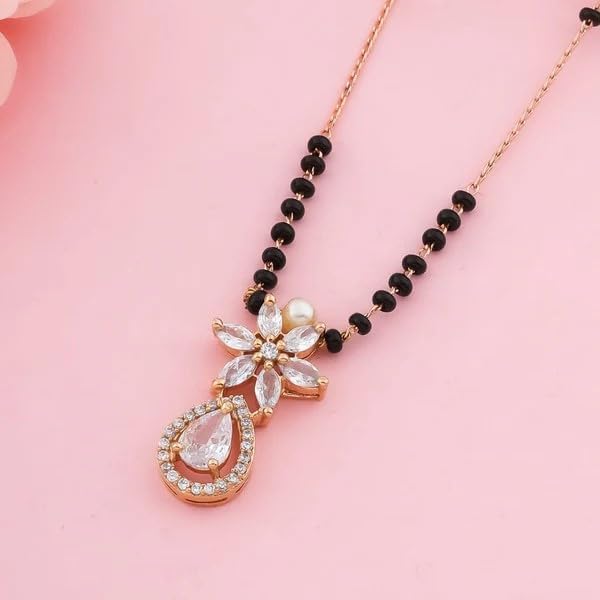 Flower Cubic Zirconia Copper Rose Gold Beads Neck Mangalsutra Women