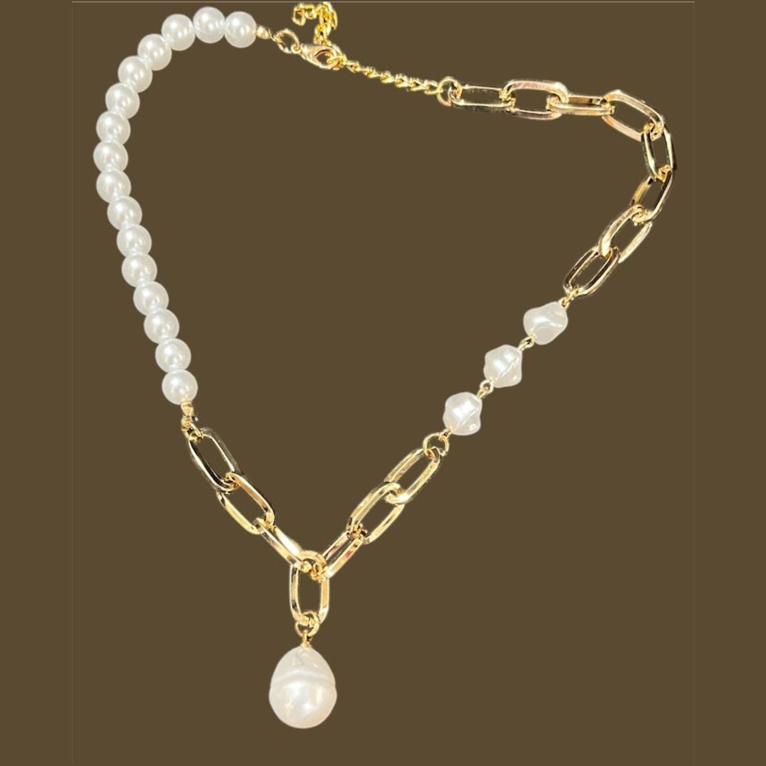 Pearl Chain Link Necklace, Gold-Toned Mixed Design, Pearl Drop Pendant, Fashion Statement Jewellery For Womens