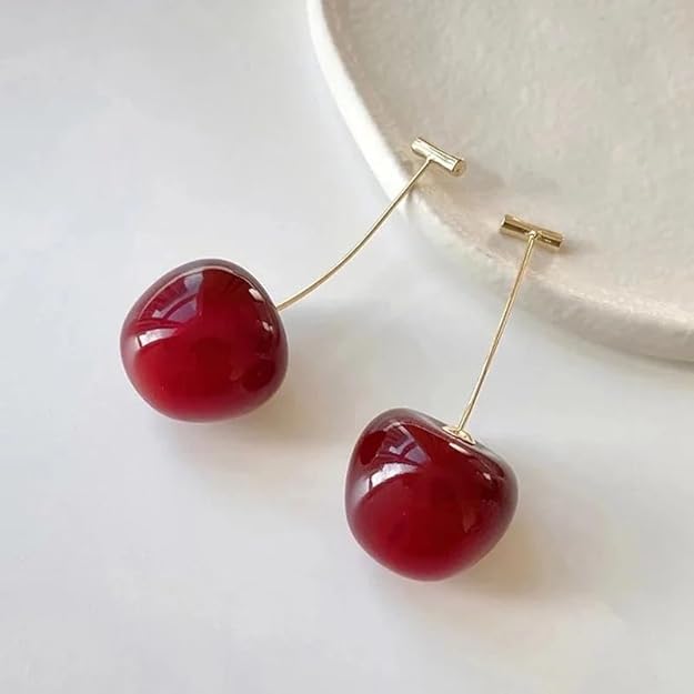 Cherry Drop Earrings, Gold-Plated, Red Enamel, Fashion Statement Dangle Gift for Women and Girls