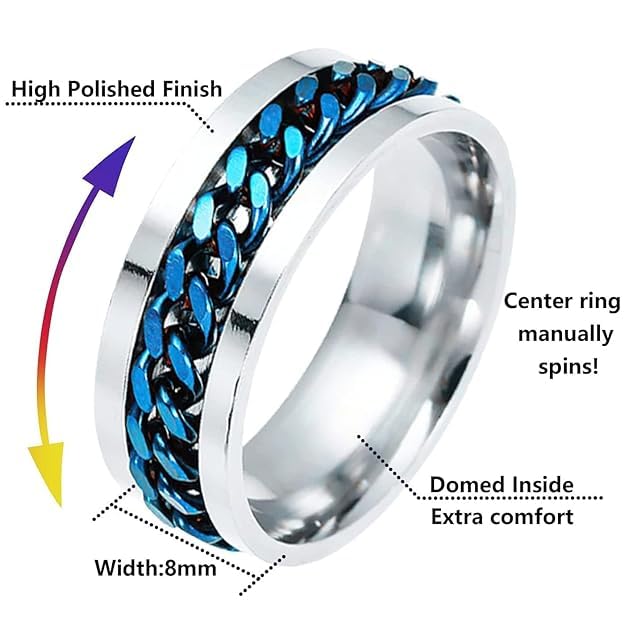Fidget Ring for Men Anxiety Rings: 8mm Stainless Steel Spinner Ring, Stress Relief Spinning Ring in Blue for Men & Boy Size 5-11