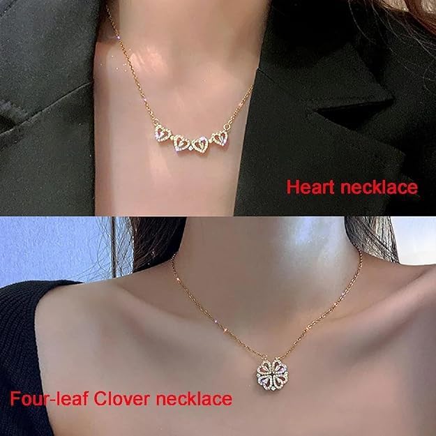 Rosegold-plated Two In One Magnetic Hearts Clover Pendant Necklace Gold-plated Stainless Steel Pendant