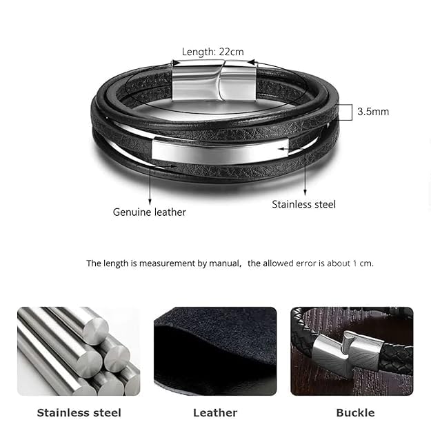 Classic Multi-Layer Black Leather Bracelet with Stainless Steel Accessories with Magnet Buckle for Men and Boys