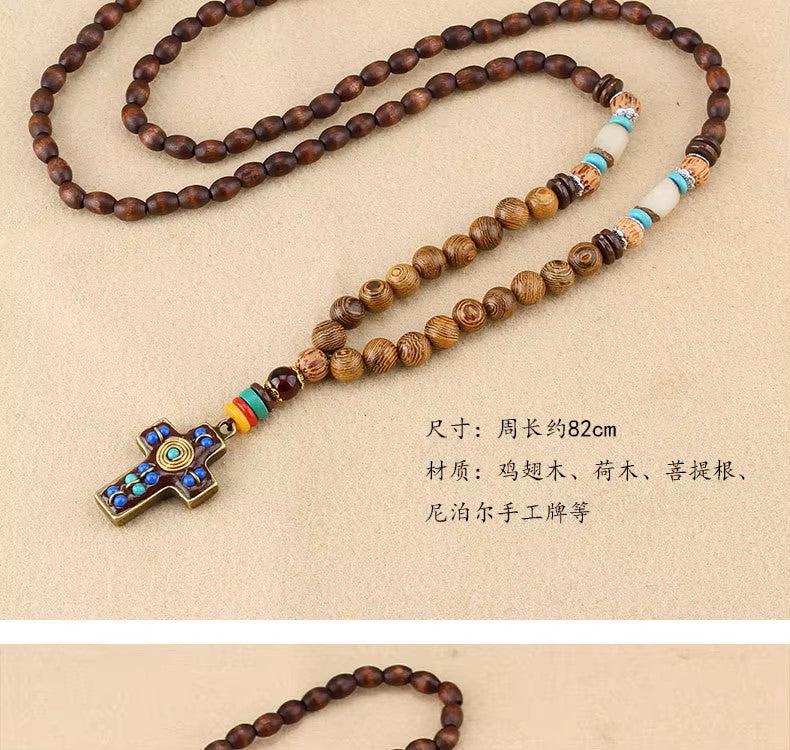 Vintage Nepal Long Buddhist Mala Wood Beaded Pendant & Necklace Ethnic Bohemian Boho Buddha Lucky Jewellery for Men and Women