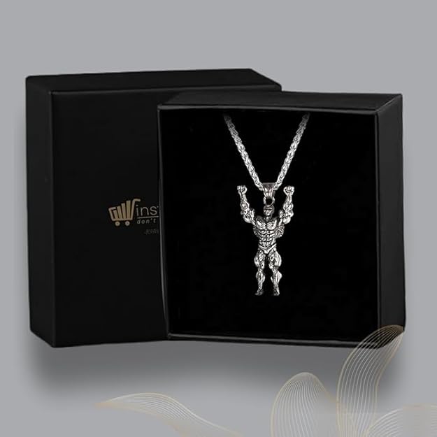 Stainless Steel Bodybuilder Wrestler Pendant Necklace Box Chain for Men and Boys 24"